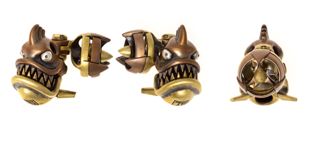 Stylized mechanical fish bead with propeller and sharp teeth, unique beads for paracord bracelets and keychain accessories.
